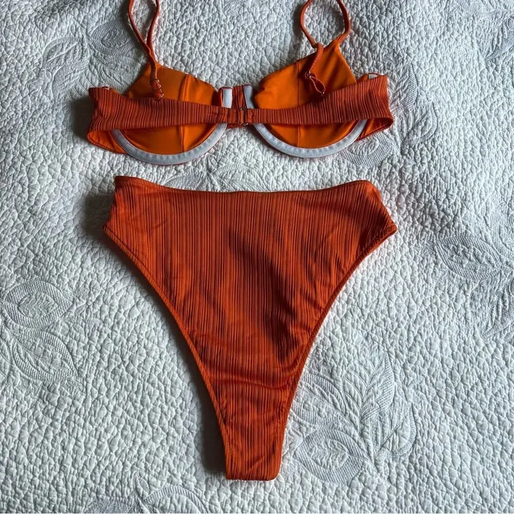 Frankie's Bikinis Pam Top and Jenna High Waisted Bottoms in Marigold Plisse